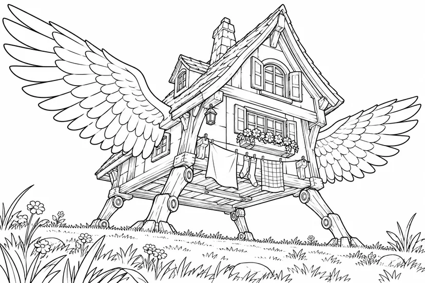 草原に着陸する羽根の家の塗り絵