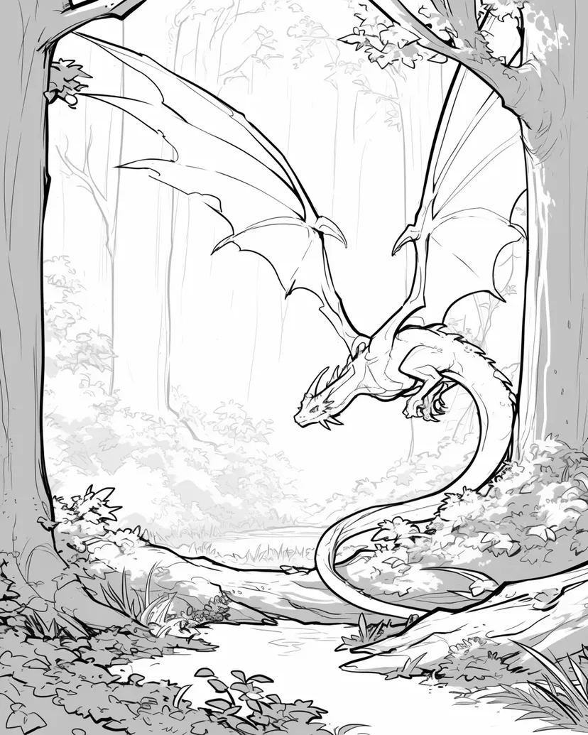 森を飛ぶドラゴンの塗り絵