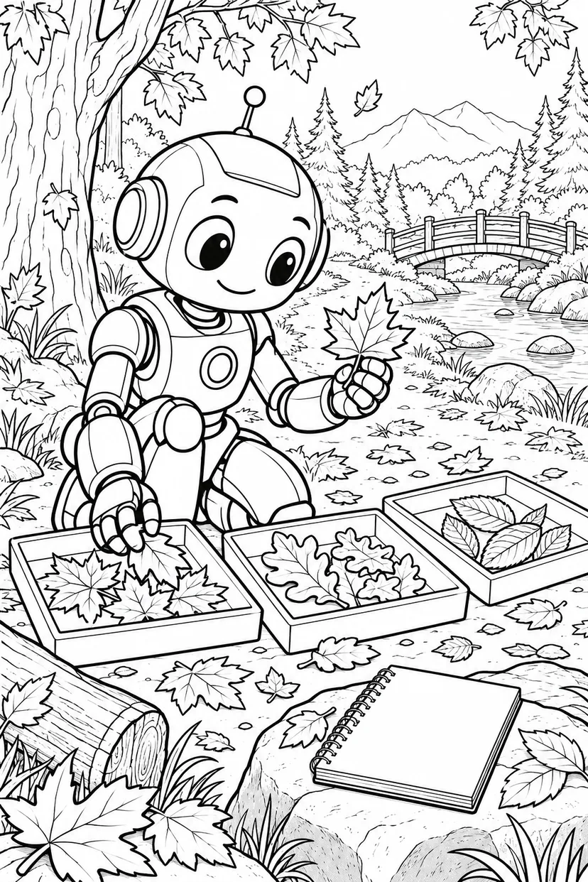 秋のロボットの自然調査の塗り絵