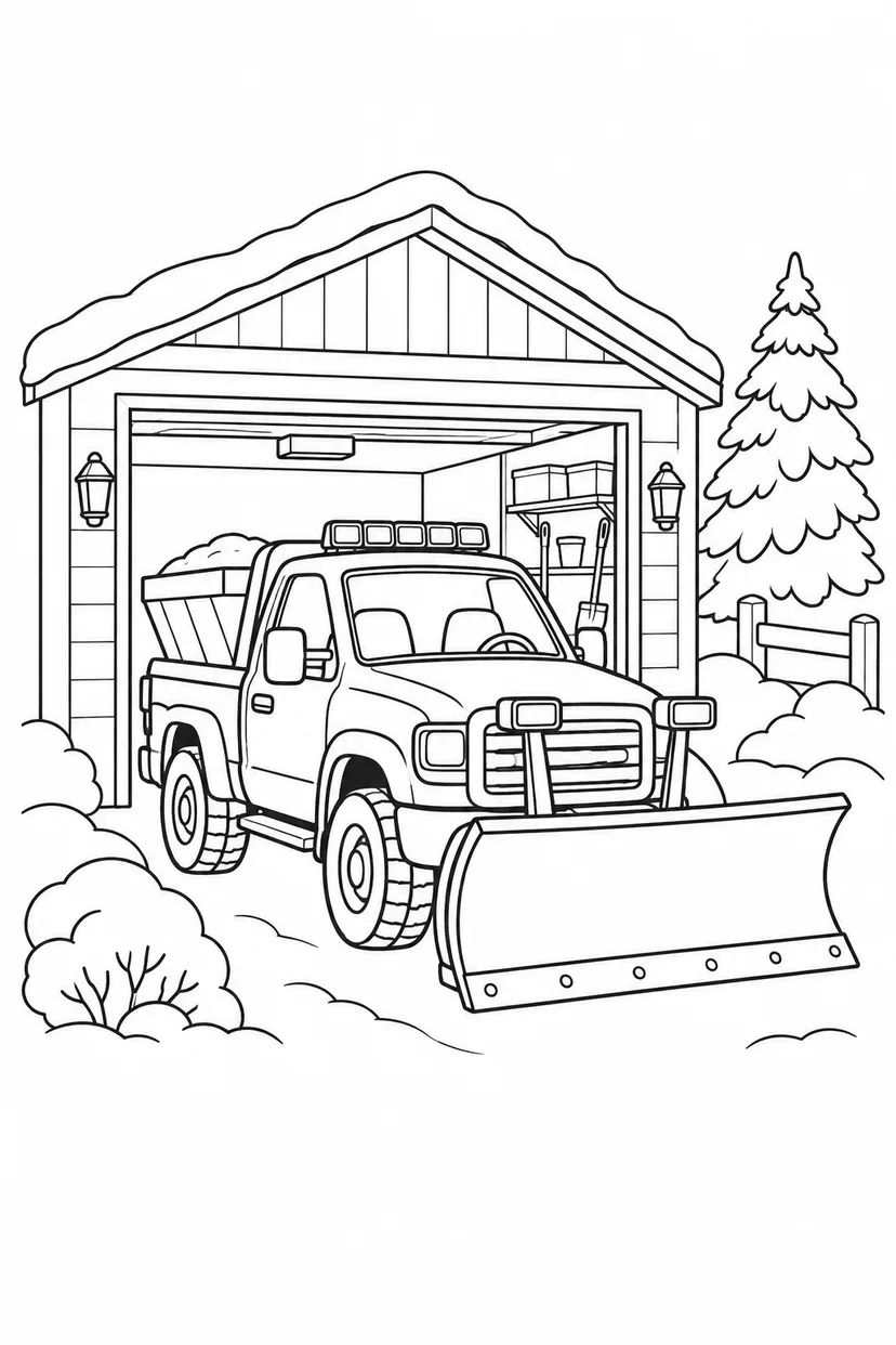 除雪車と車庫の塗り絵