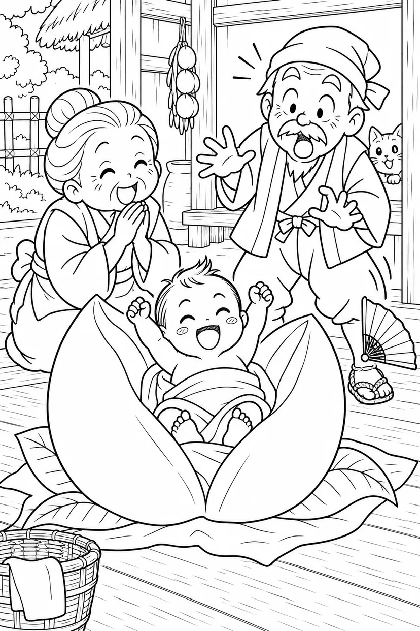 ギャグ桃太郎：桃から生まれた赤ちゃんの塗り絵