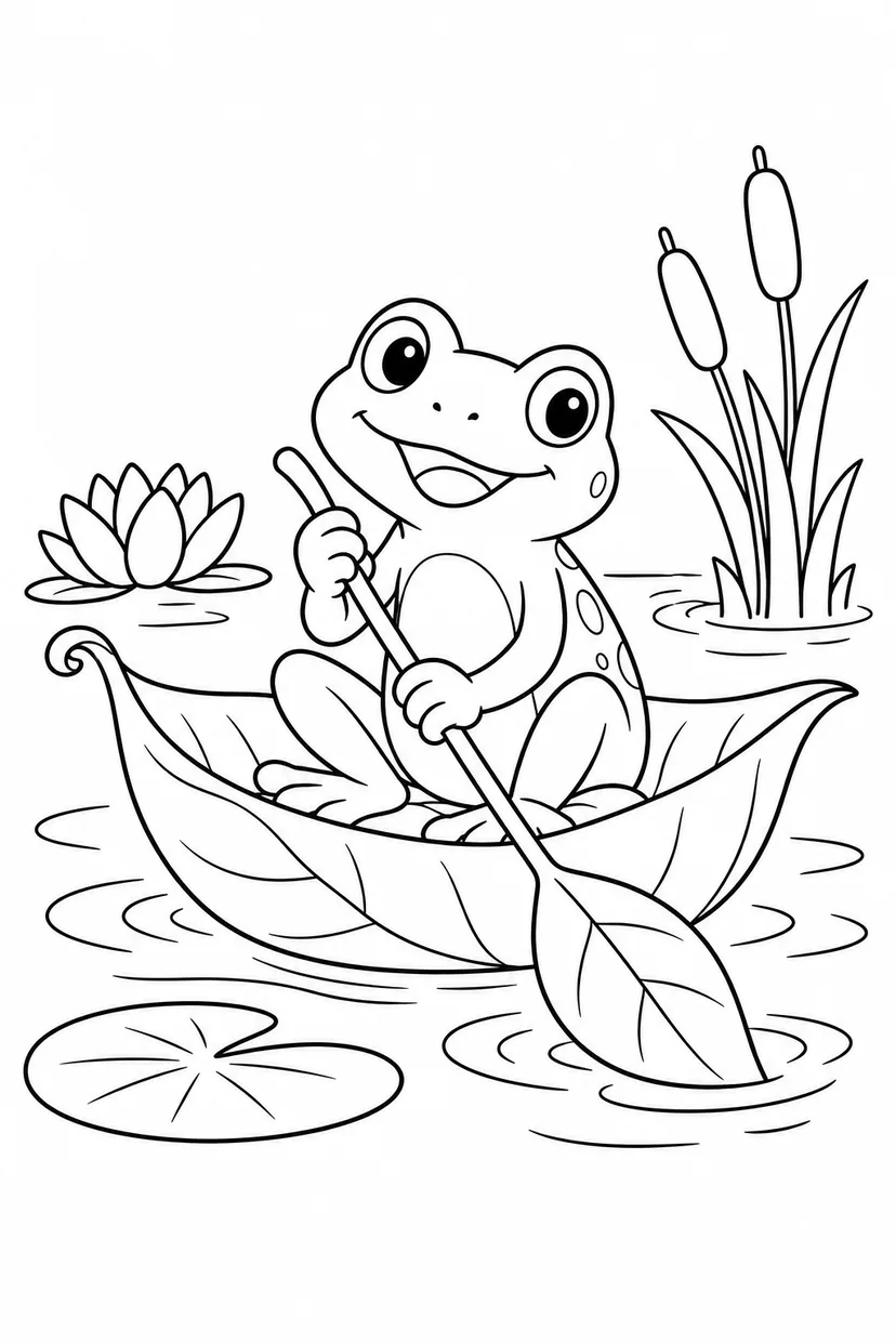 アマガエルと葉っぱの舟の塗り絵