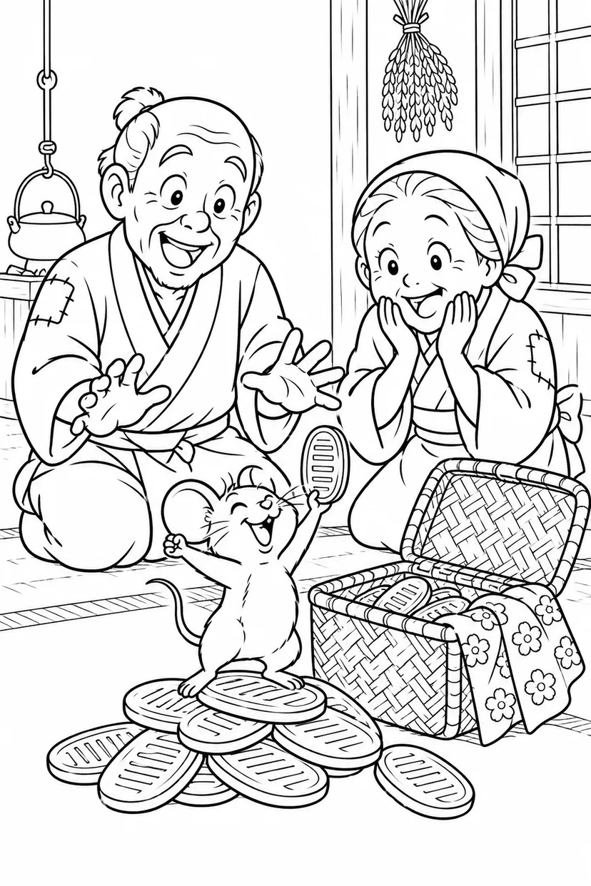 おむすびころりん・ギャグ：つづらの中の宝物の塗り絵