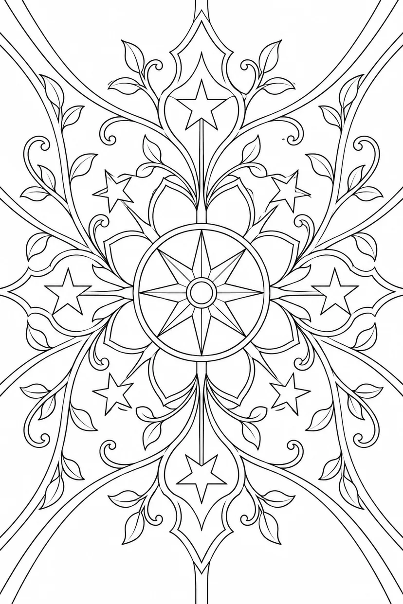星と蔓草の天井飾りの塗り絵