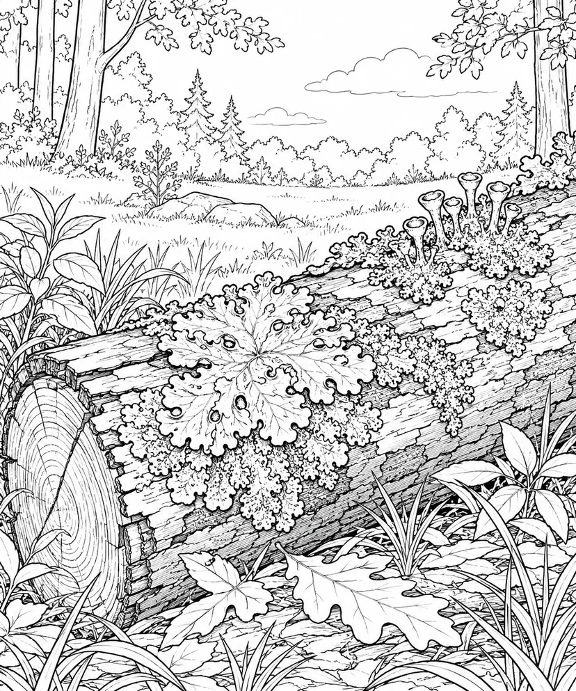 自然のひとこま：倒木の地衣類の塗り絵