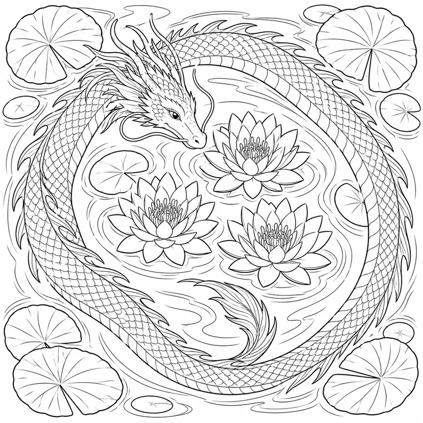 Coloriage Dragon d’eau parmi les nénuphars