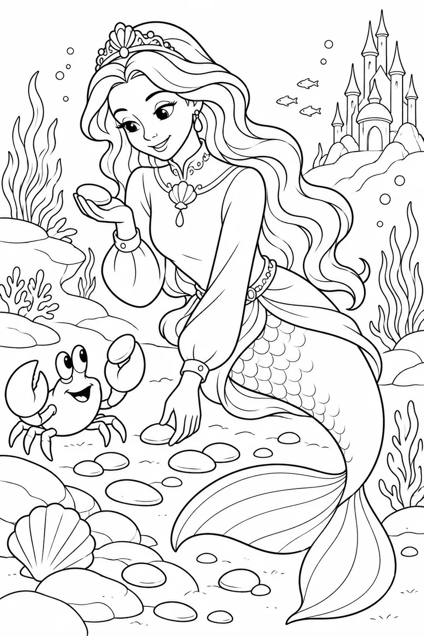 人魚姫：カニと丸い小石集めの塗り絵