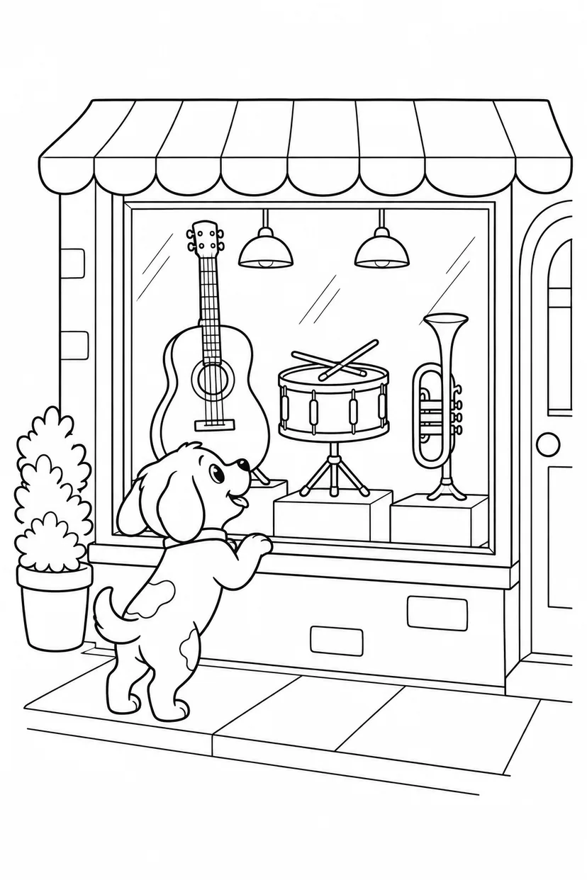 こいぬの楽器屋さんのショーウィンドウの塗り絵