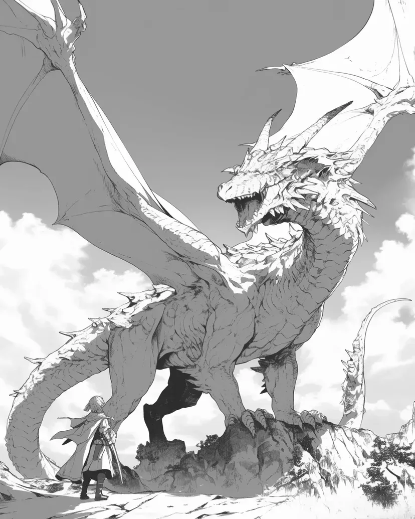 Desenho de Dragão Gigante e Aventureiro para colorir