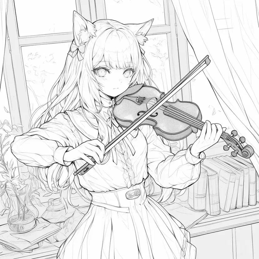 Dibujo de Chica con Orejas de Gato Tocando el Violín para colorear