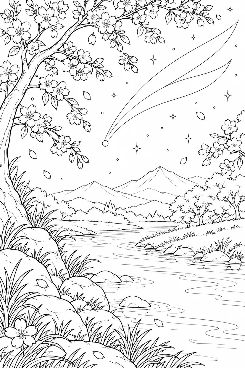 桜の枝と川辺と尾をひく彗星の塗り絵