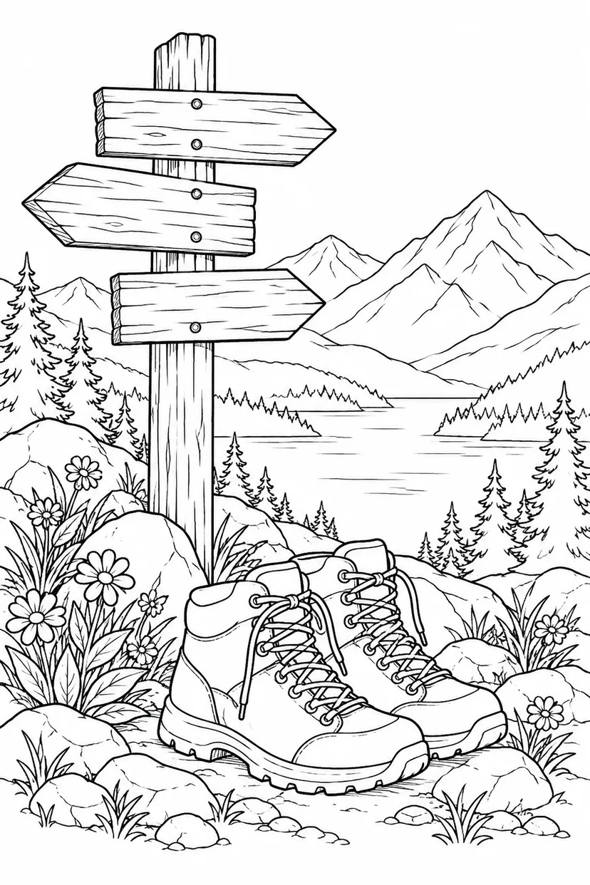 山道の道標と登山靴の塗り絵