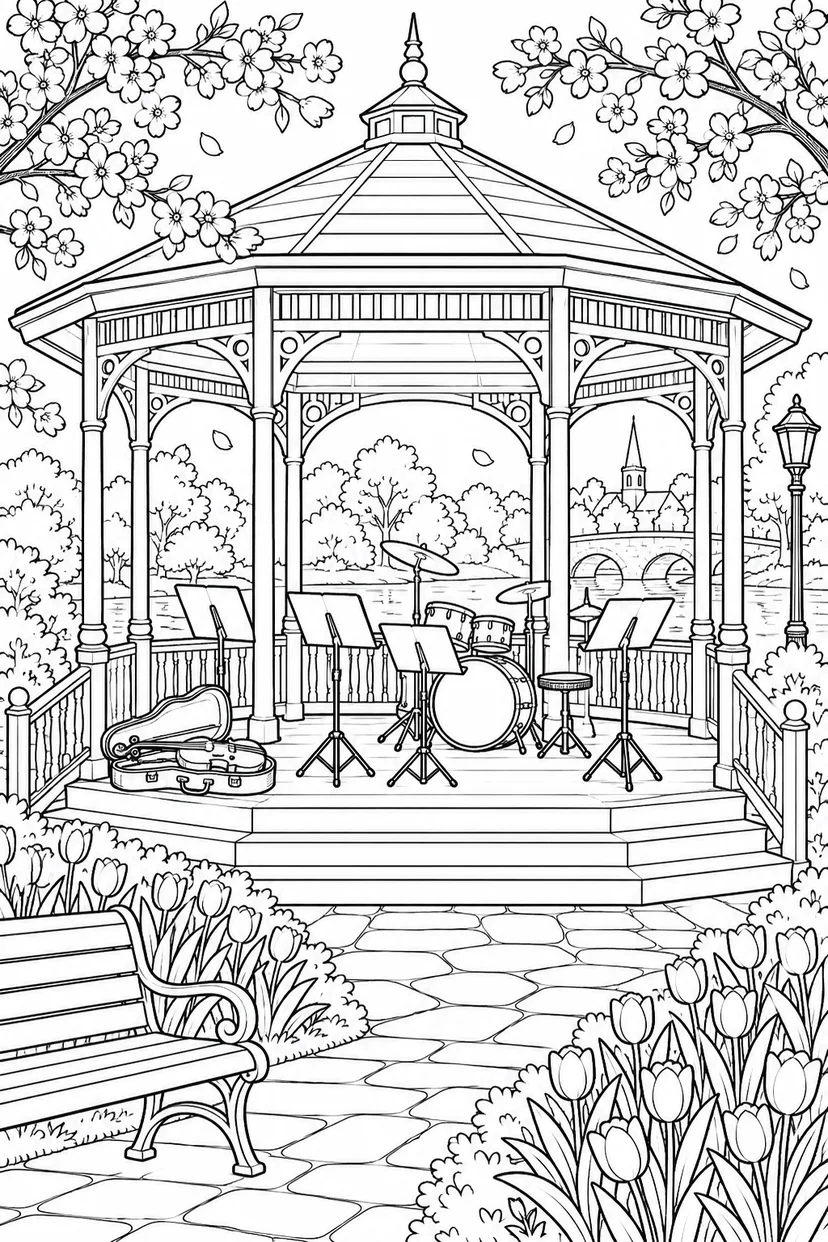 春の野外音楽会のステージの塗り絵