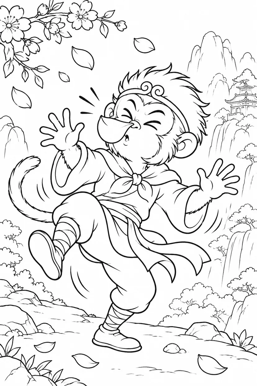 どたばた西遊記：悟空と花びらの風の塗り絵