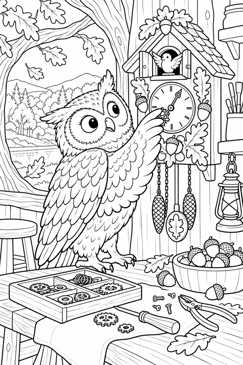 秋のふくろうの時計工房の塗り絵