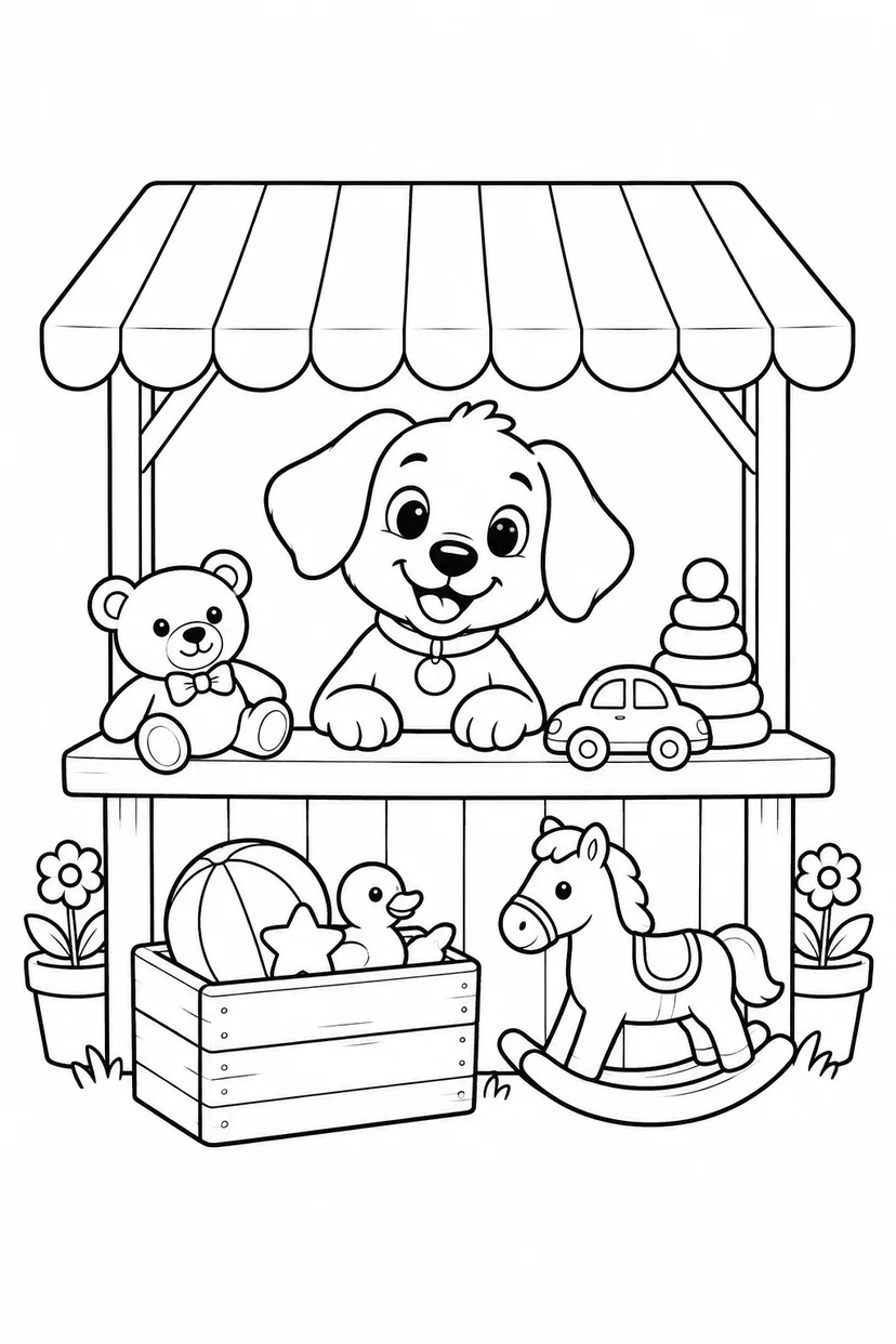 こいぬのおもちゃ屋さんの屋台の塗り絵
