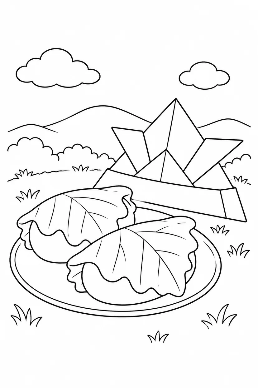 Desenho de Kashiwa mochi (bolinho de arroz na folha de carvalho) e um capacete de papel para colorir