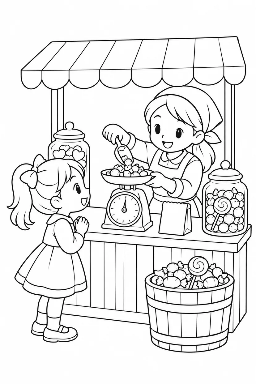 お菓子を量る小さな市場の塗り絵