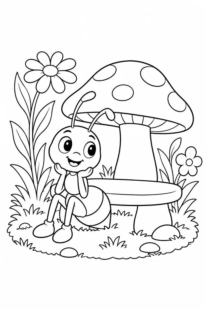 アリときのこのベンチの塗り絵