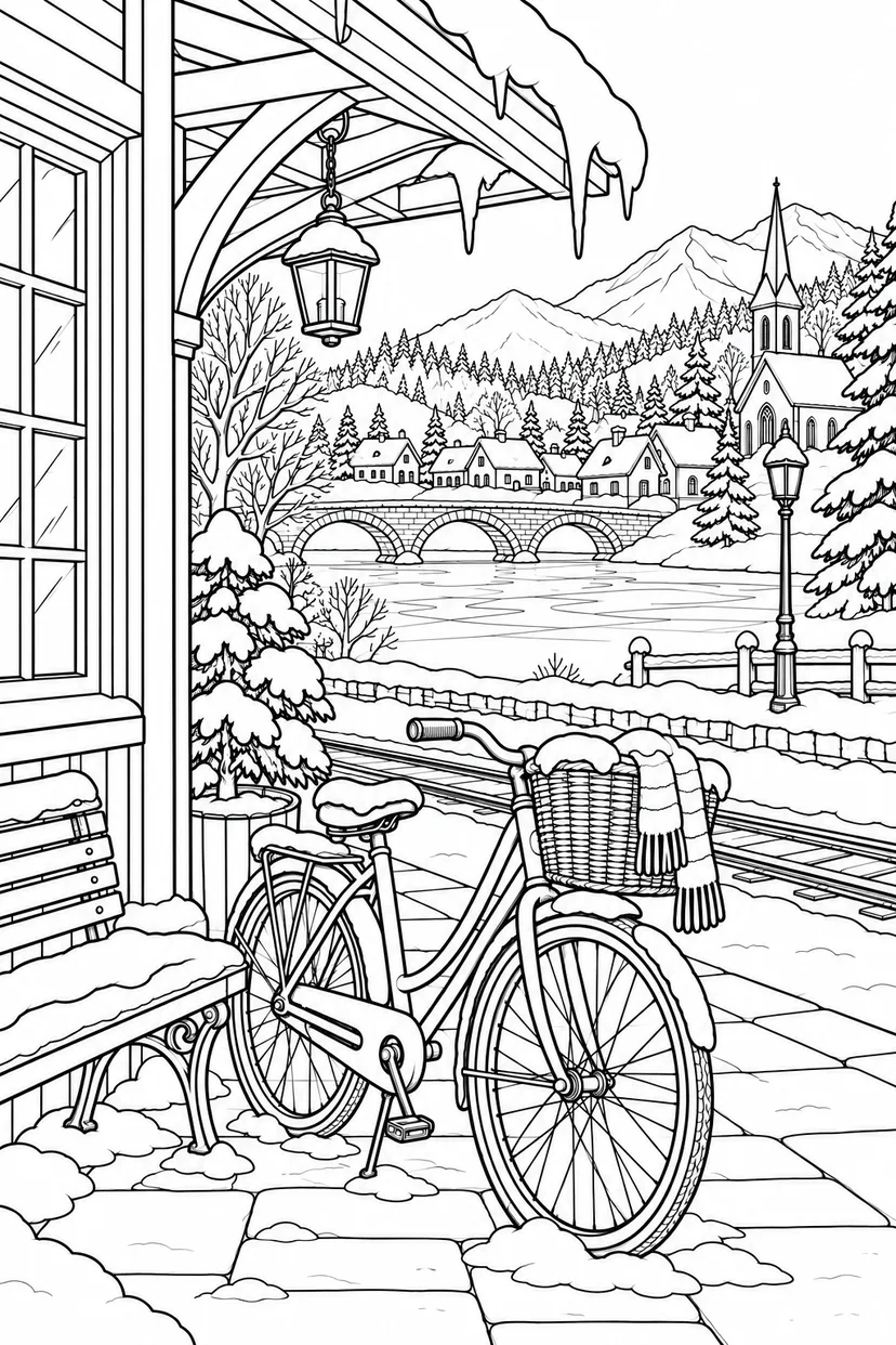 冬の自転車でめぐる小道の塗り絵