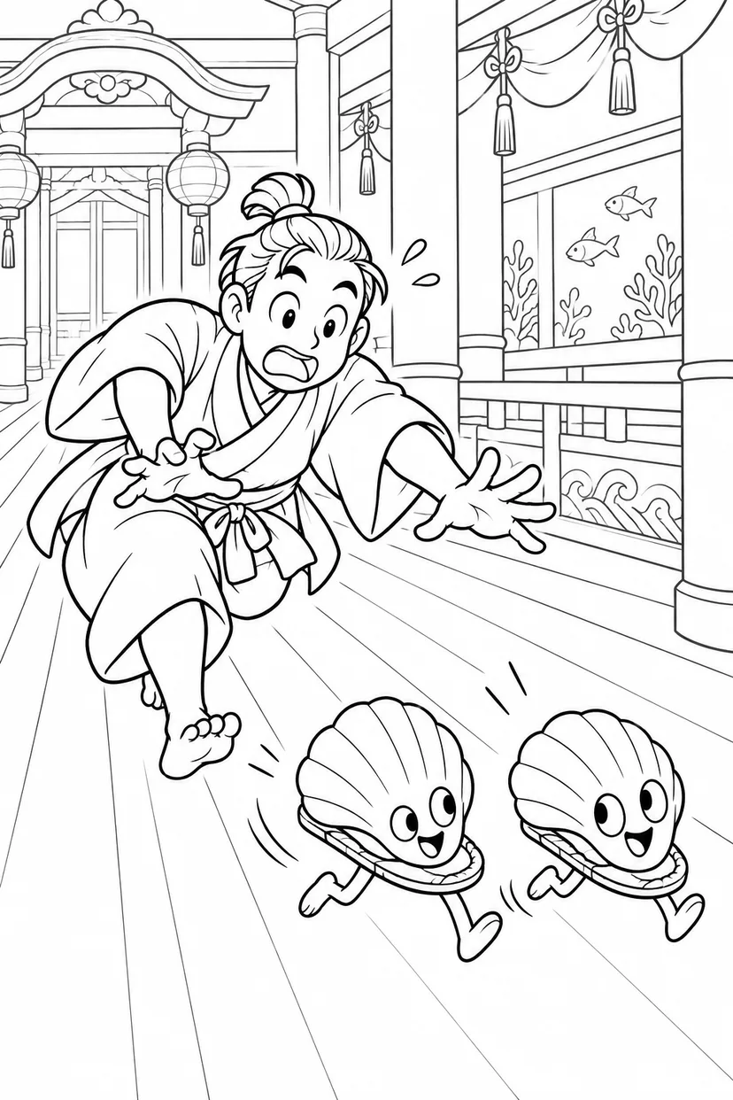 浦島太郎：逃げ出した貝のスリッパ（ギャグ）の塗り絵