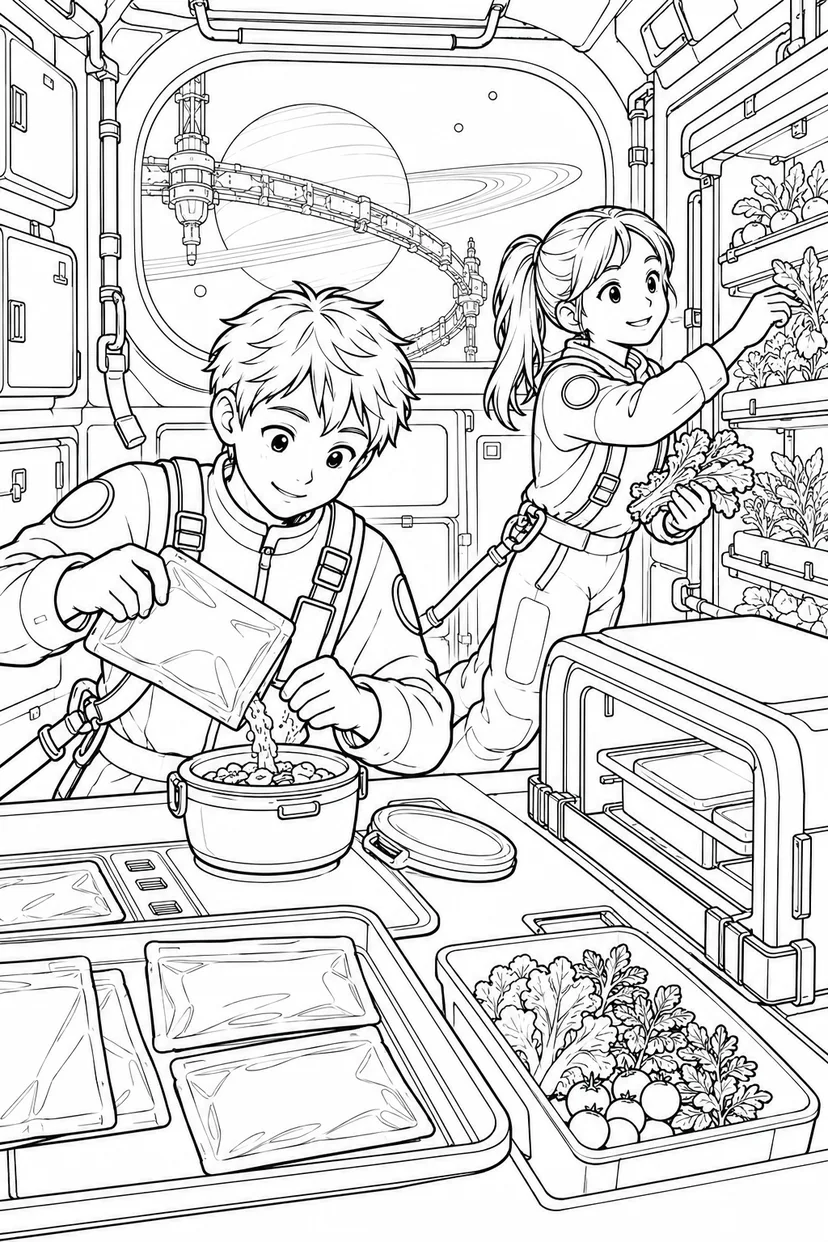 環のある惑星の軌道基地：宇宙食を作るキッチンの塗り絵