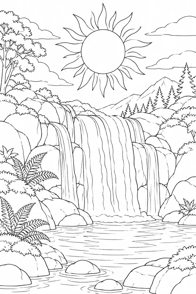 苔むした滝壺と日食の光の輪の塗り絵