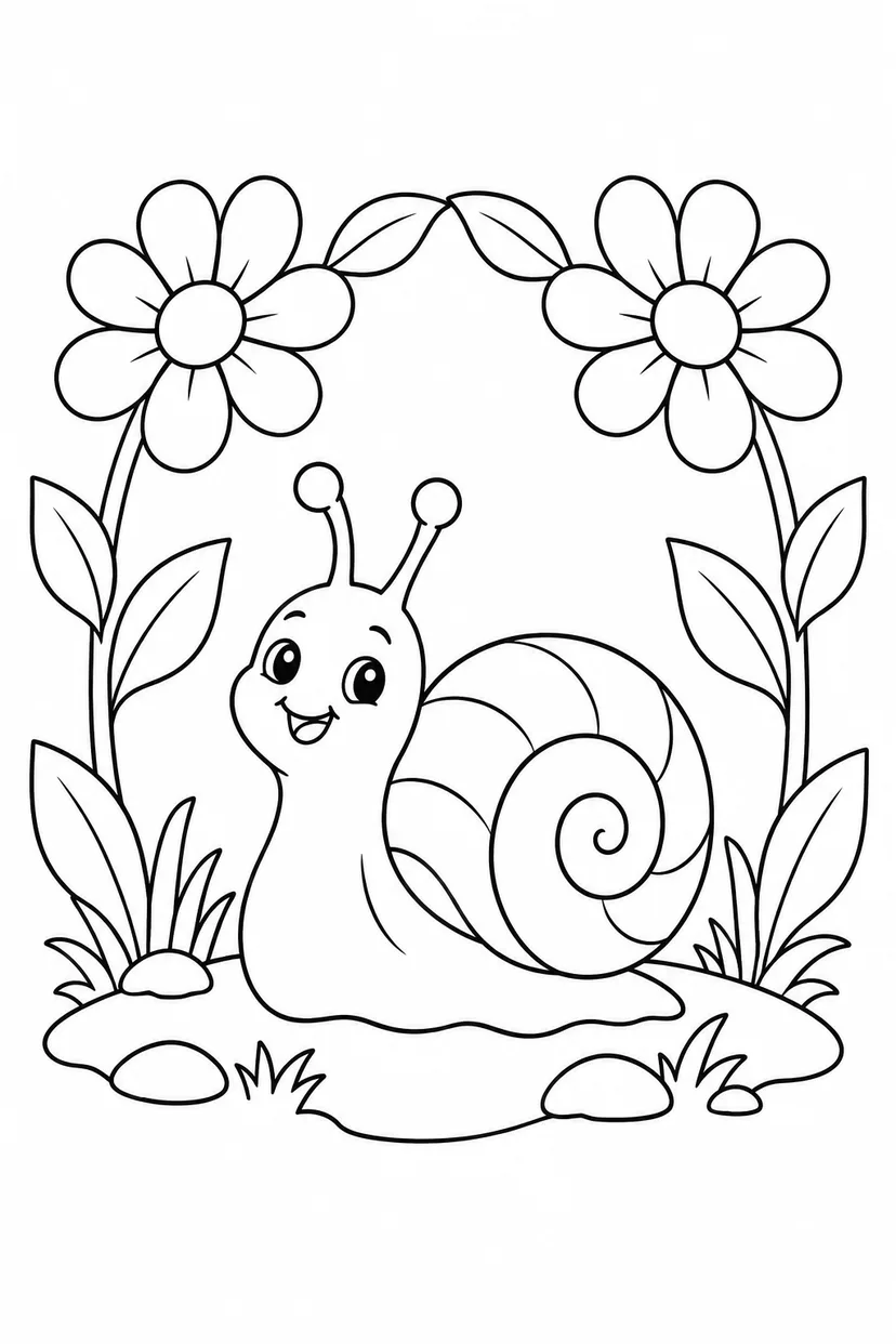 カタツムリと花のトンネルの塗り絵