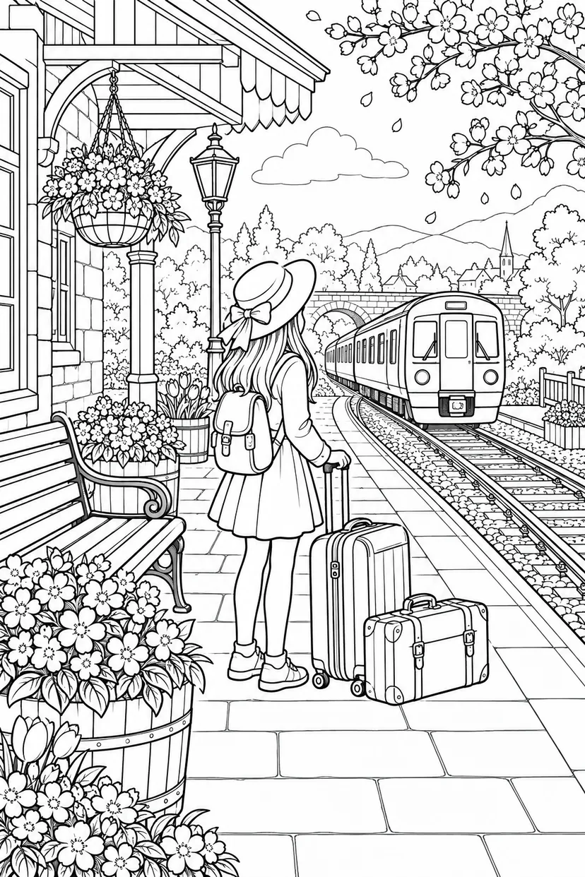春の小さな駅の旅じたくの塗り絵