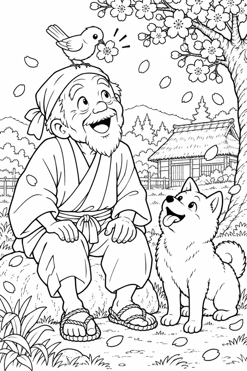 はなさかおじさん：頭の上の小鳥から花のプレゼント（ギャグ）の塗り絵