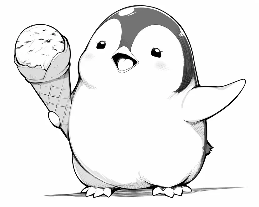 アイスクリームを持つペンギンの塗り絵