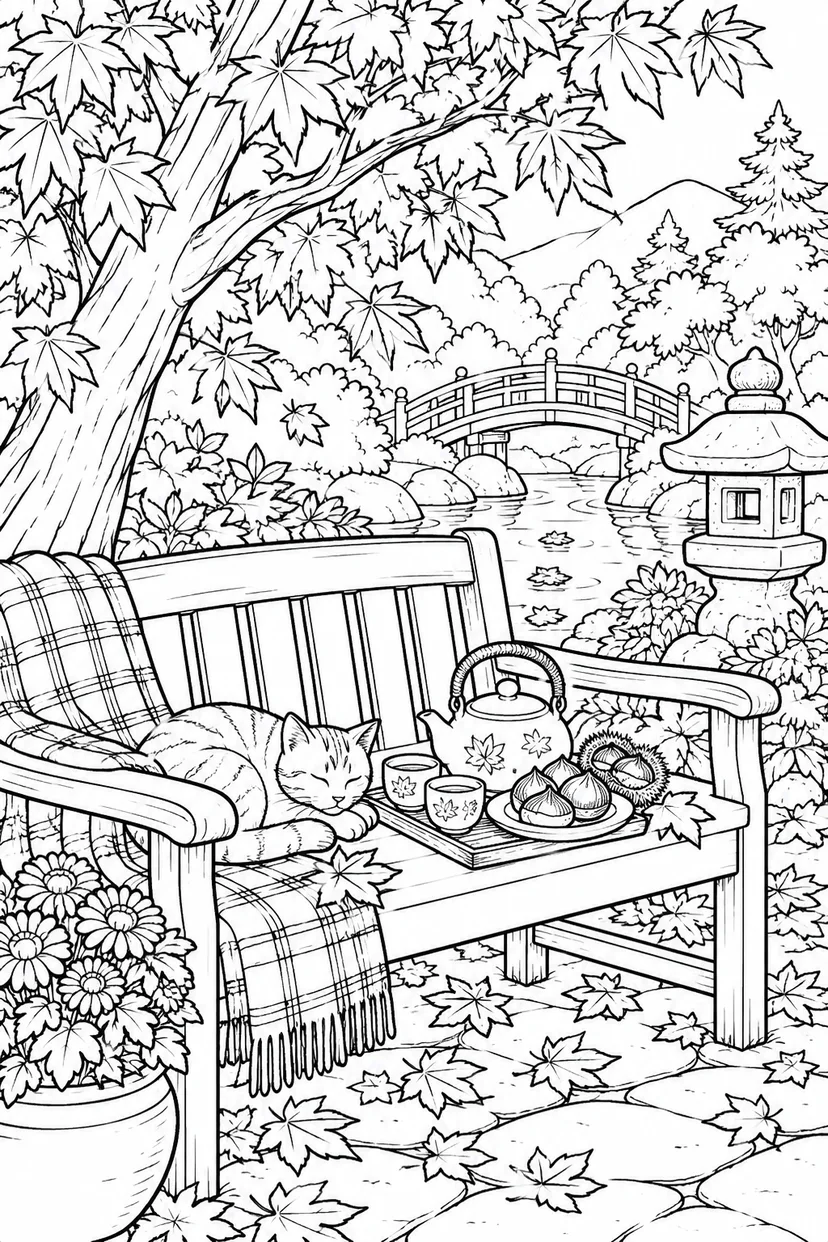 秋の庭園のお茶の時間の塗り絵