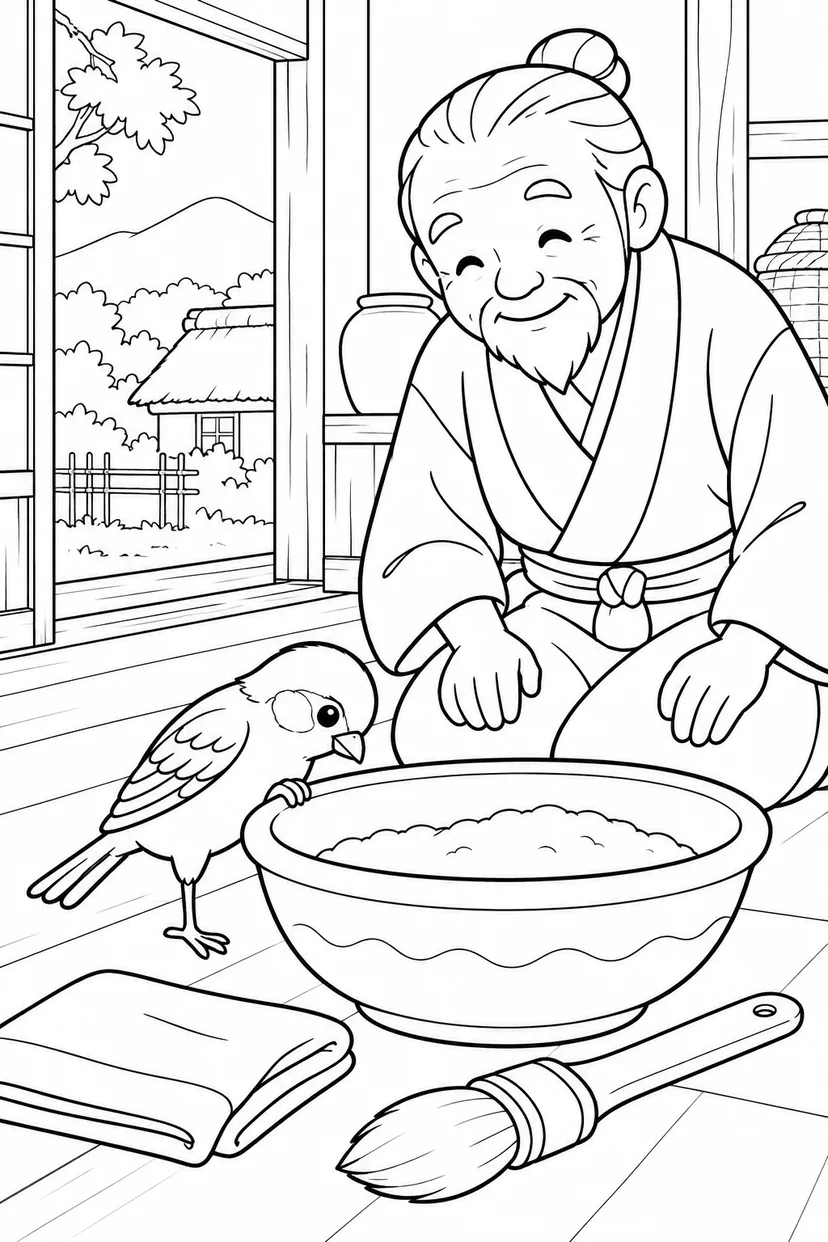 したきりすずめ：のりの鉢をのぞくすずめの塗り絵