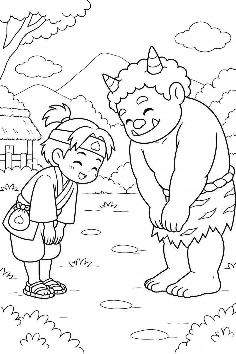 ほっこり桃太郎：桃太郎と鬼の仲直りの塗り絵