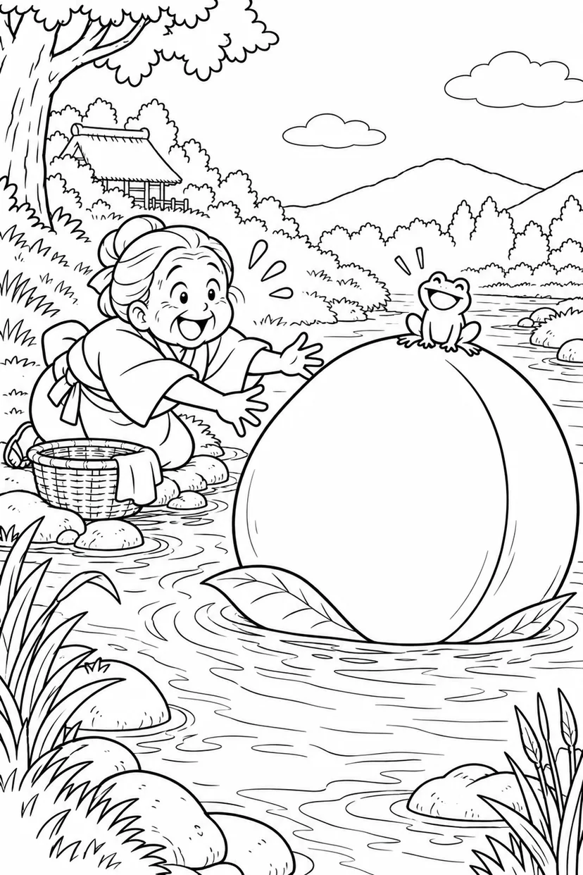 ギャグ桃太郎：川に流れる大きな桃の塗り絵