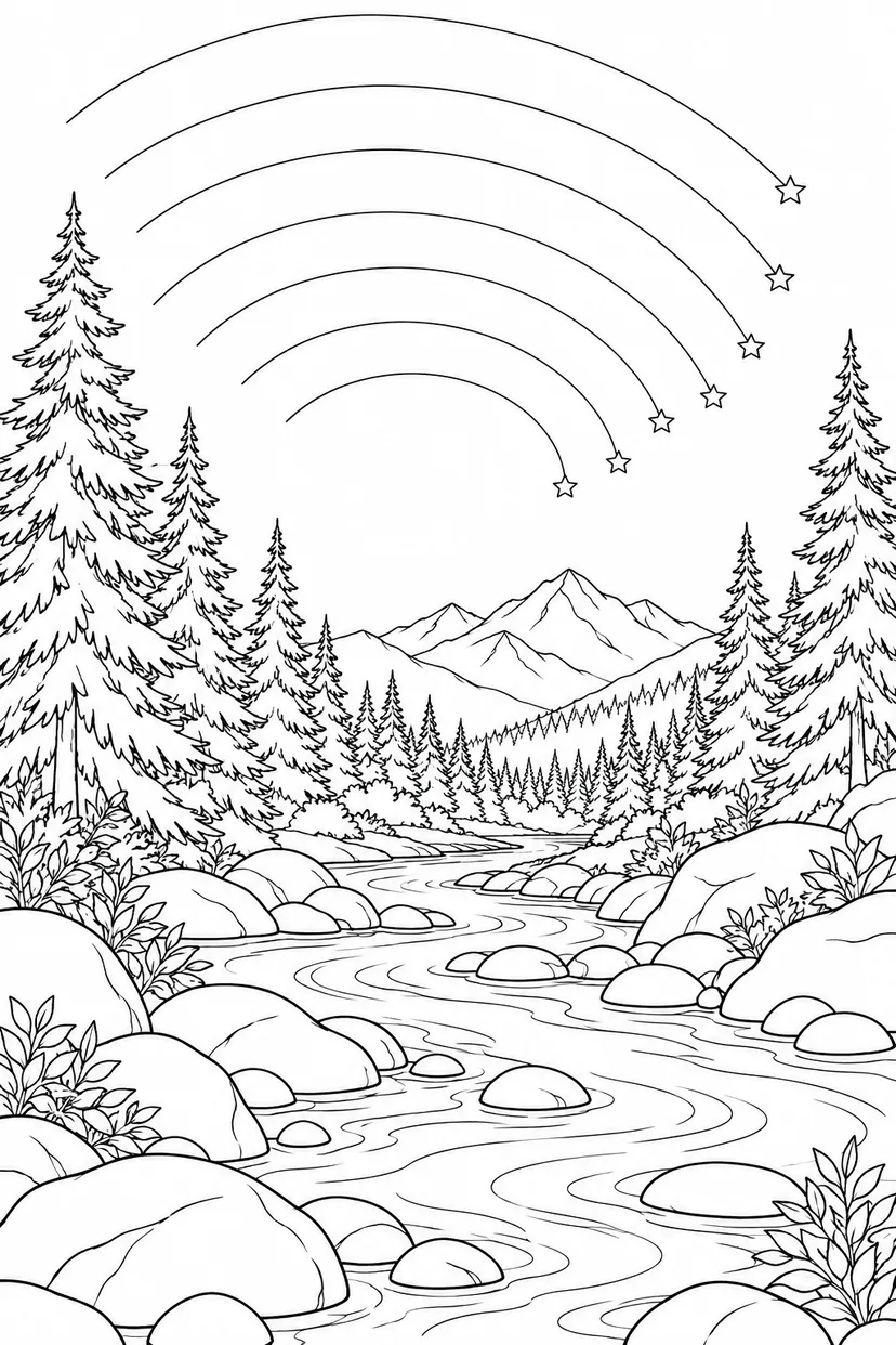 モミの森の渓流と星の軌跡の塗り絵