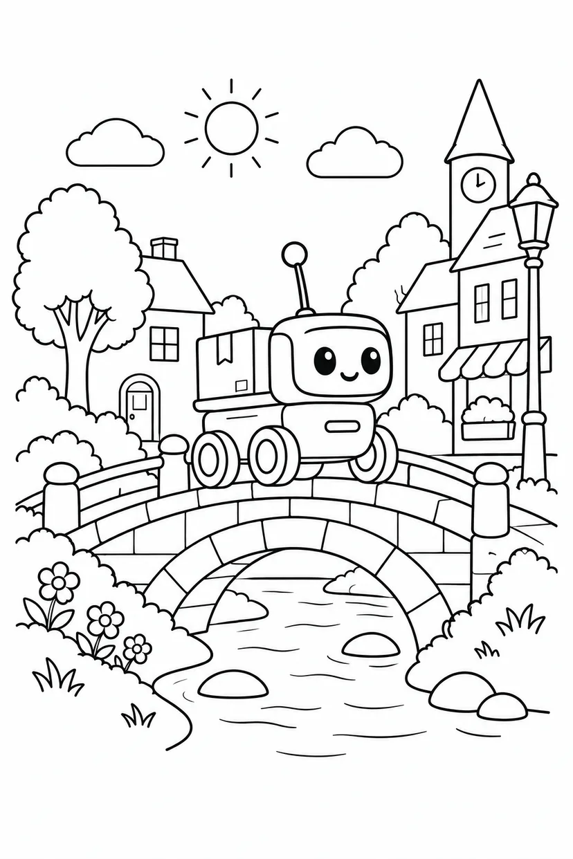 小型配送ロボットと町の橋の塗り絵