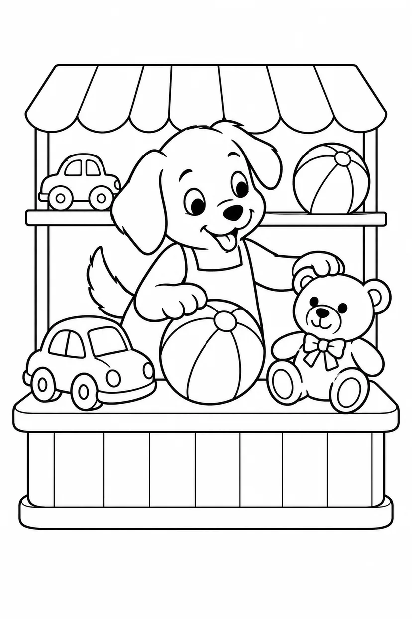 こいぬのおもちゃ屋さんの開店準備の塗り絵