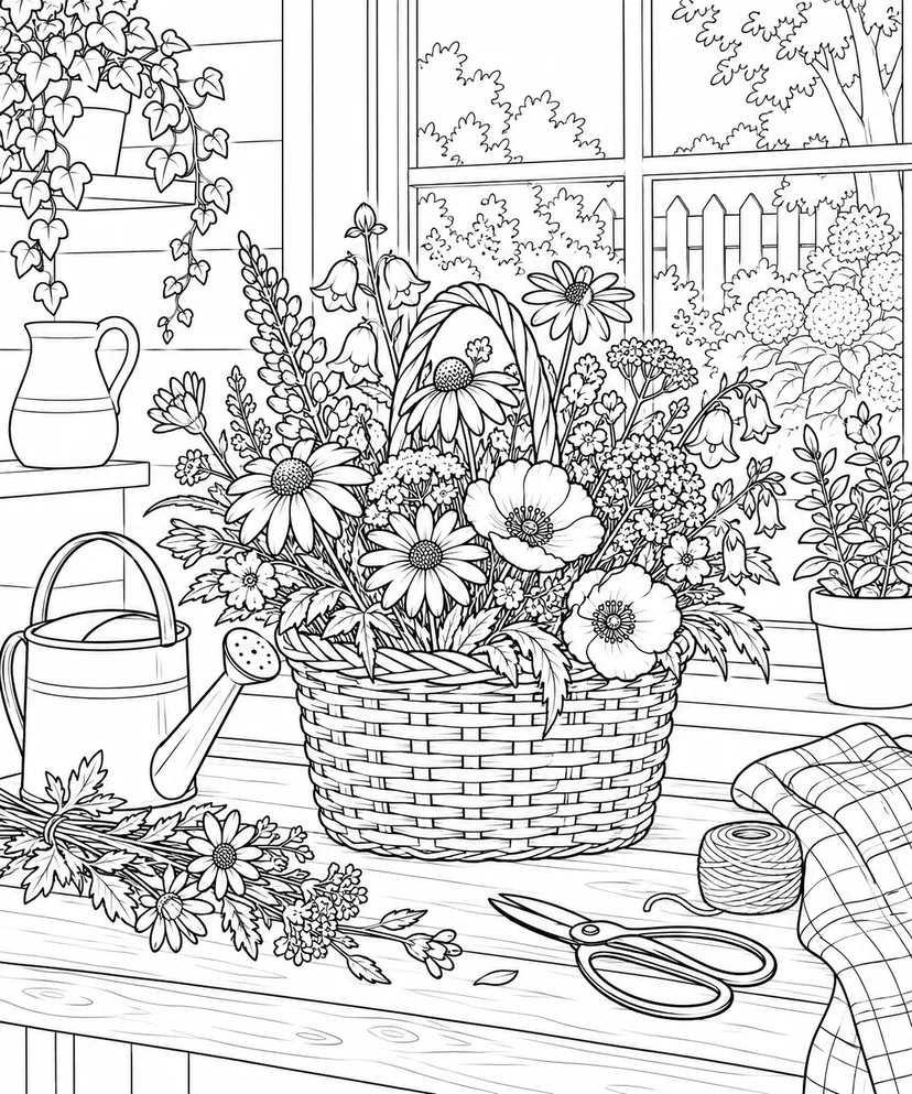 自然のひとこま：野の花を入れたかごの塗り絵