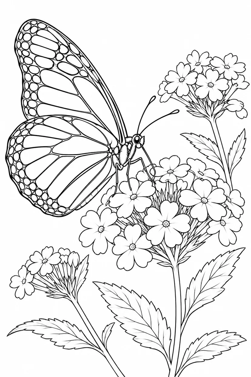 観察スケッチ：チョウとバーベナの花の塗り絵