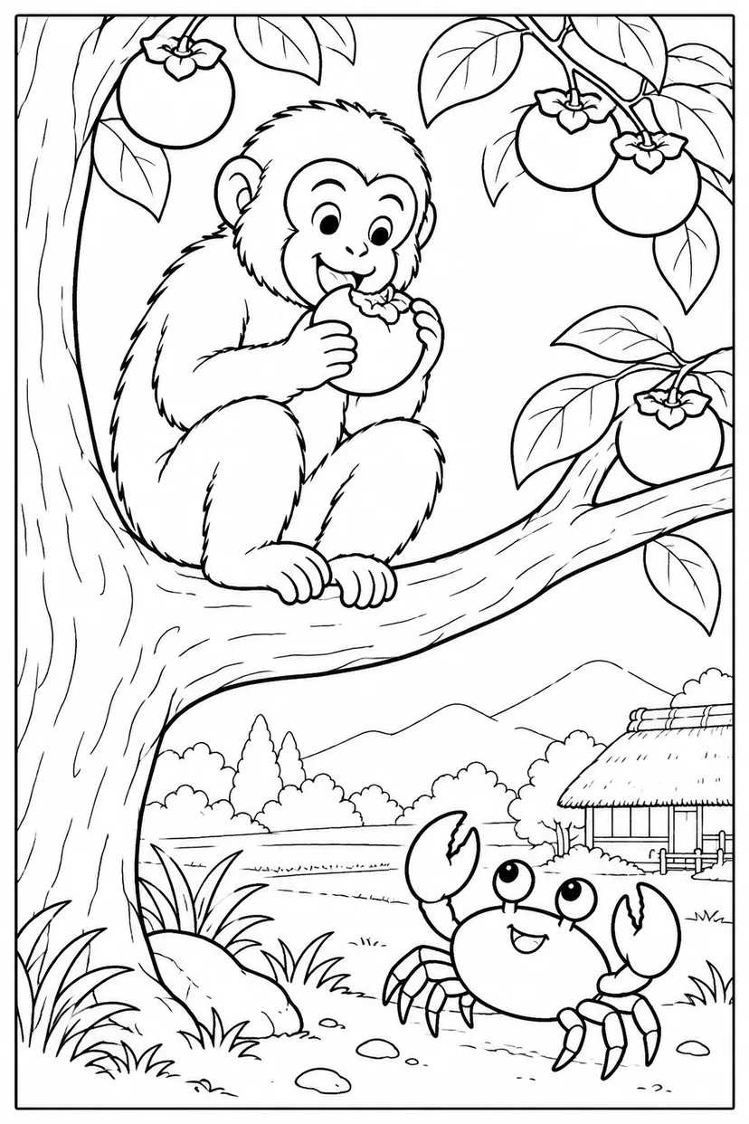 さるかに合戦 ほっこり：枝の上で柿を食べるさるの塗り絵