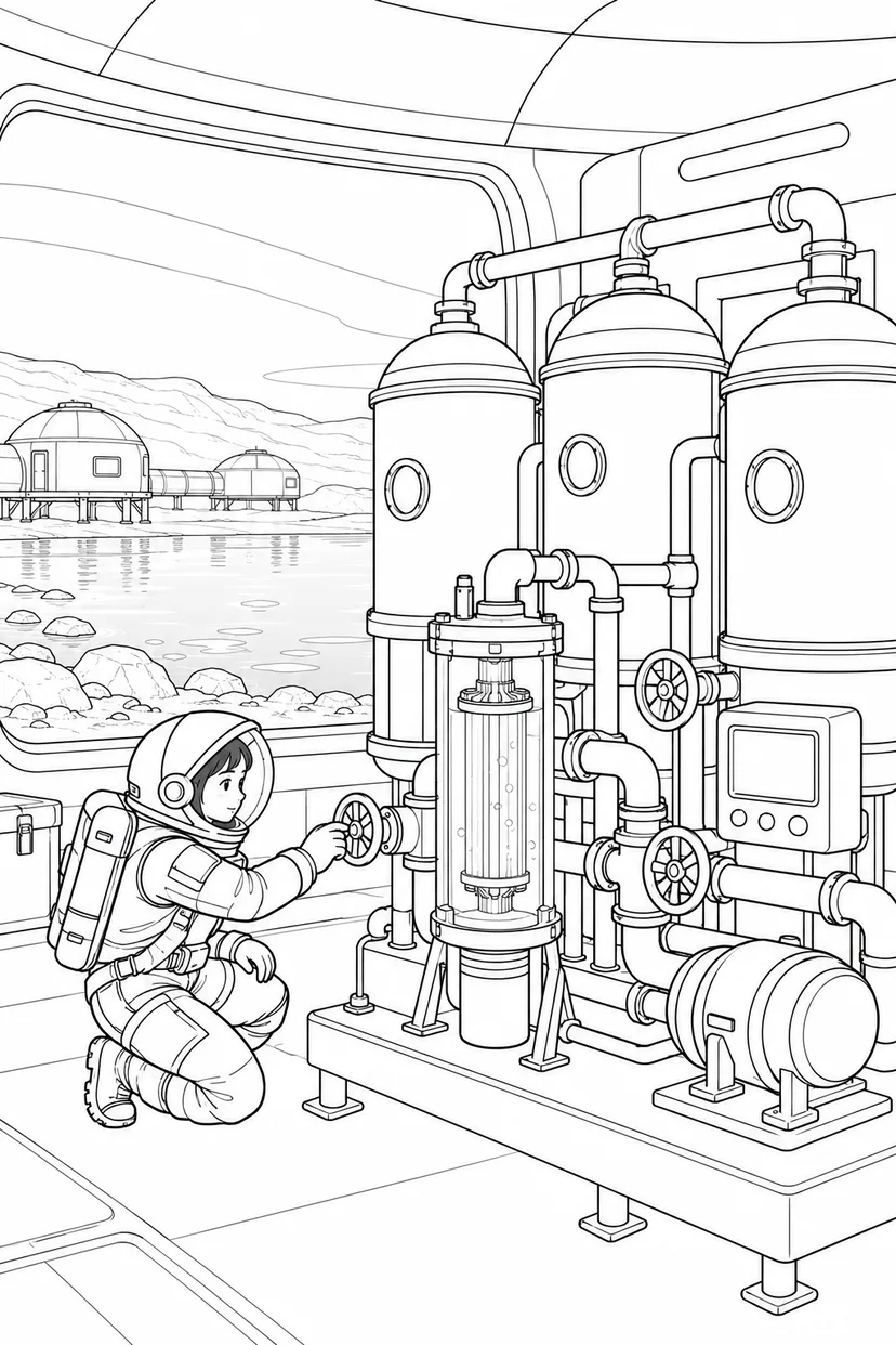 タイタンの湖畔基地：水を循環させる装置の塗り絵
