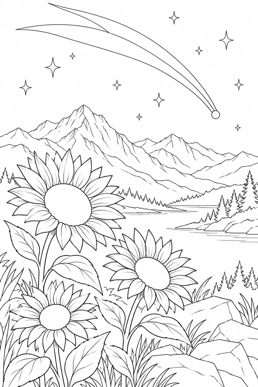 ヒマワリと遠い山並みと尾をひく彗星の塗り絵