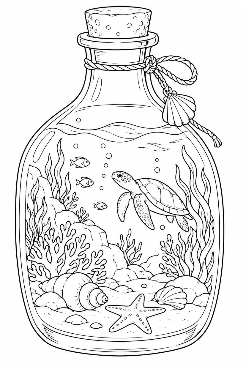 ガラス瓶に閉じ込めた小さな海の塗り絵