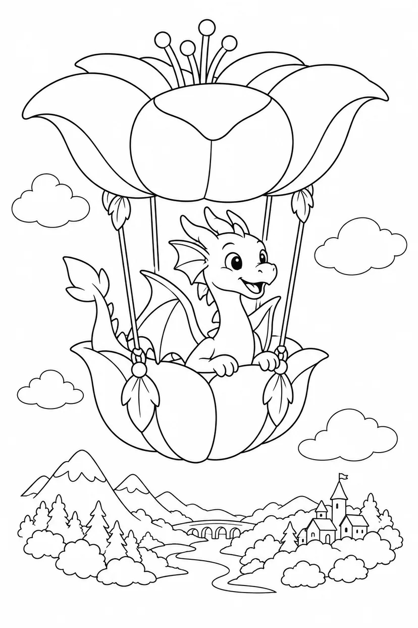 雪のドラゴンと花の飛行船の塗り絵