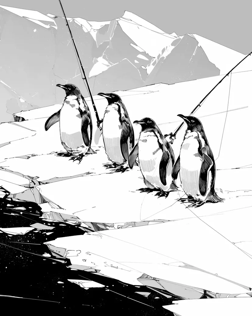 ペンギンの釣り日和の塗り絵