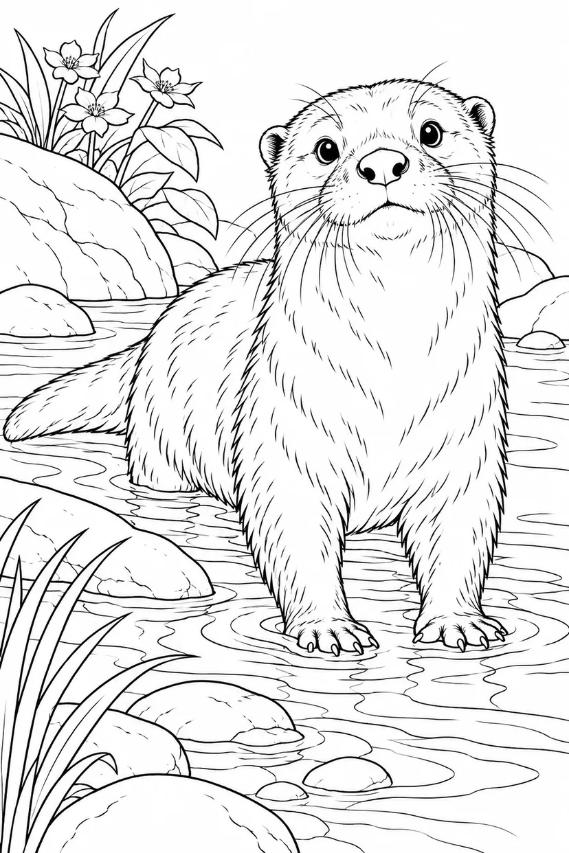 観察スケッチ：カワウソと浅い小川の塗り絵