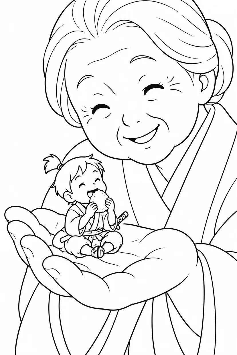 一寸法師・おばあさんの手のひらでおにぎりの塗り絵