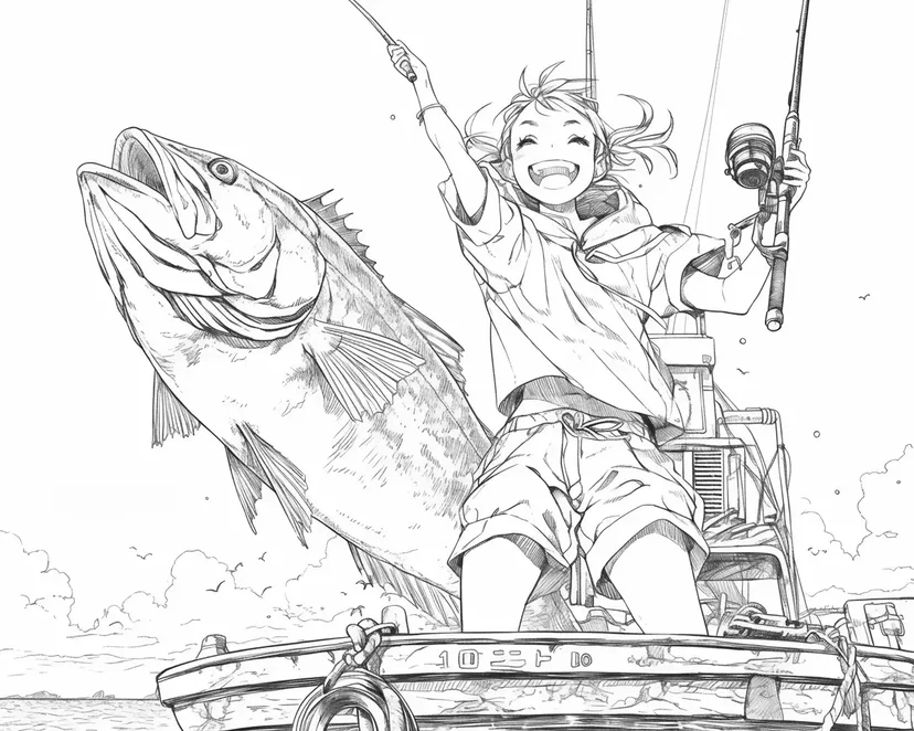 Desenho de Menina Pescando um Grande Peixe para colorir
