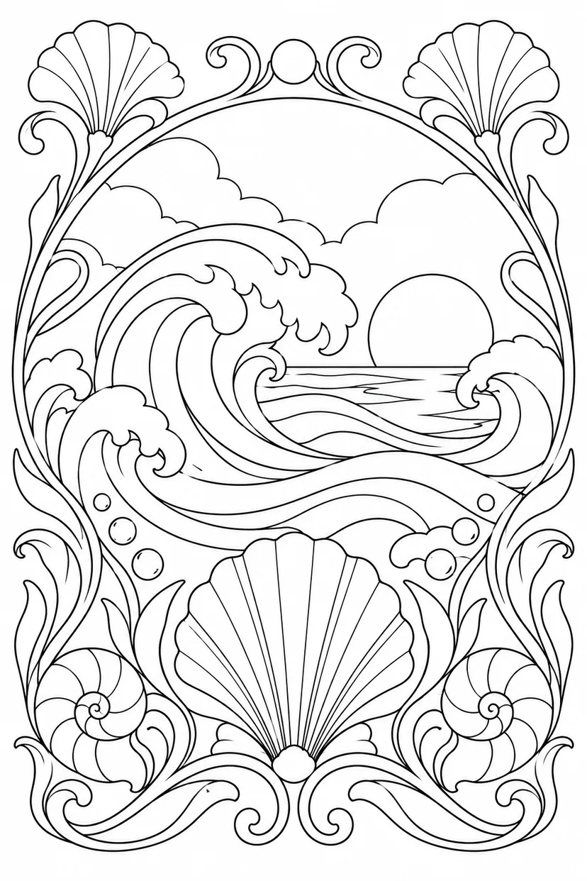 波と貝殻のアールヌーヴォー模様の塗り絵